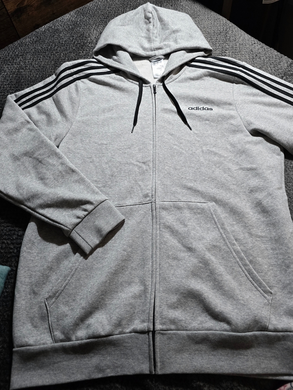 Adidas Gray Full Zip Hoodie 3 Stripe Sleeve Men’s XL - Picture 2 of 9